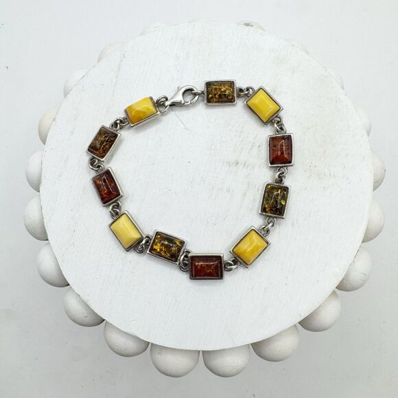 Bezel Set Amber Sterling Silver Link Bracelet Baltic Butter Cognac Honey Amber - Picture 4 of 13